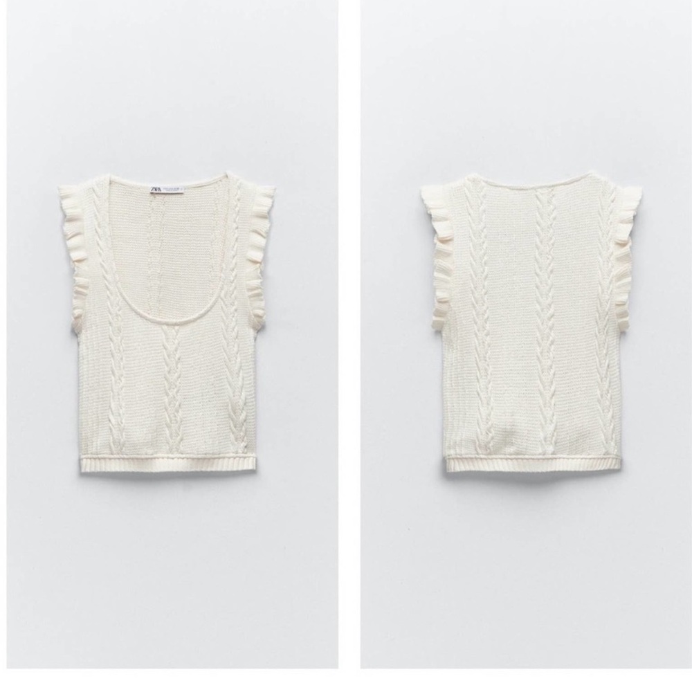 ZARA Ruffle Trim Knit Tank Top L Cream